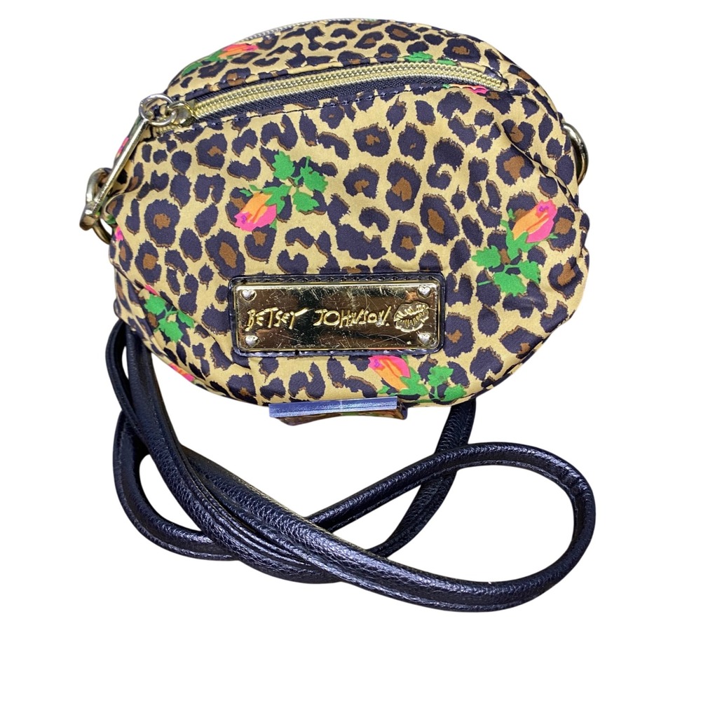Betsy Johnson Satin Leopard Rose Mini Round Crossbody Bag